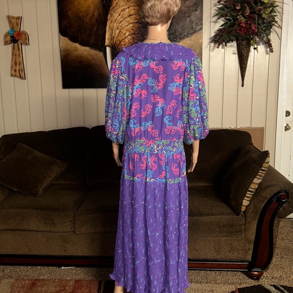 Diane Freis • Vintage • Large • Purple/Pink W/ Ribbon Design~Ruffles/Tie • Dress - Picture 12 of 15